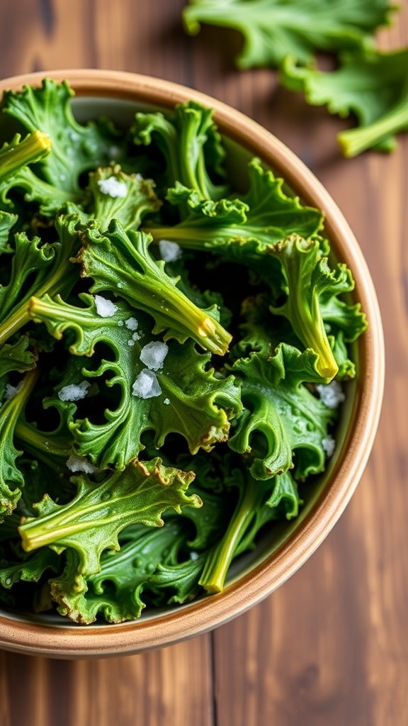 A bowl of crispy kale chips seasoned with salt on a wooden table.